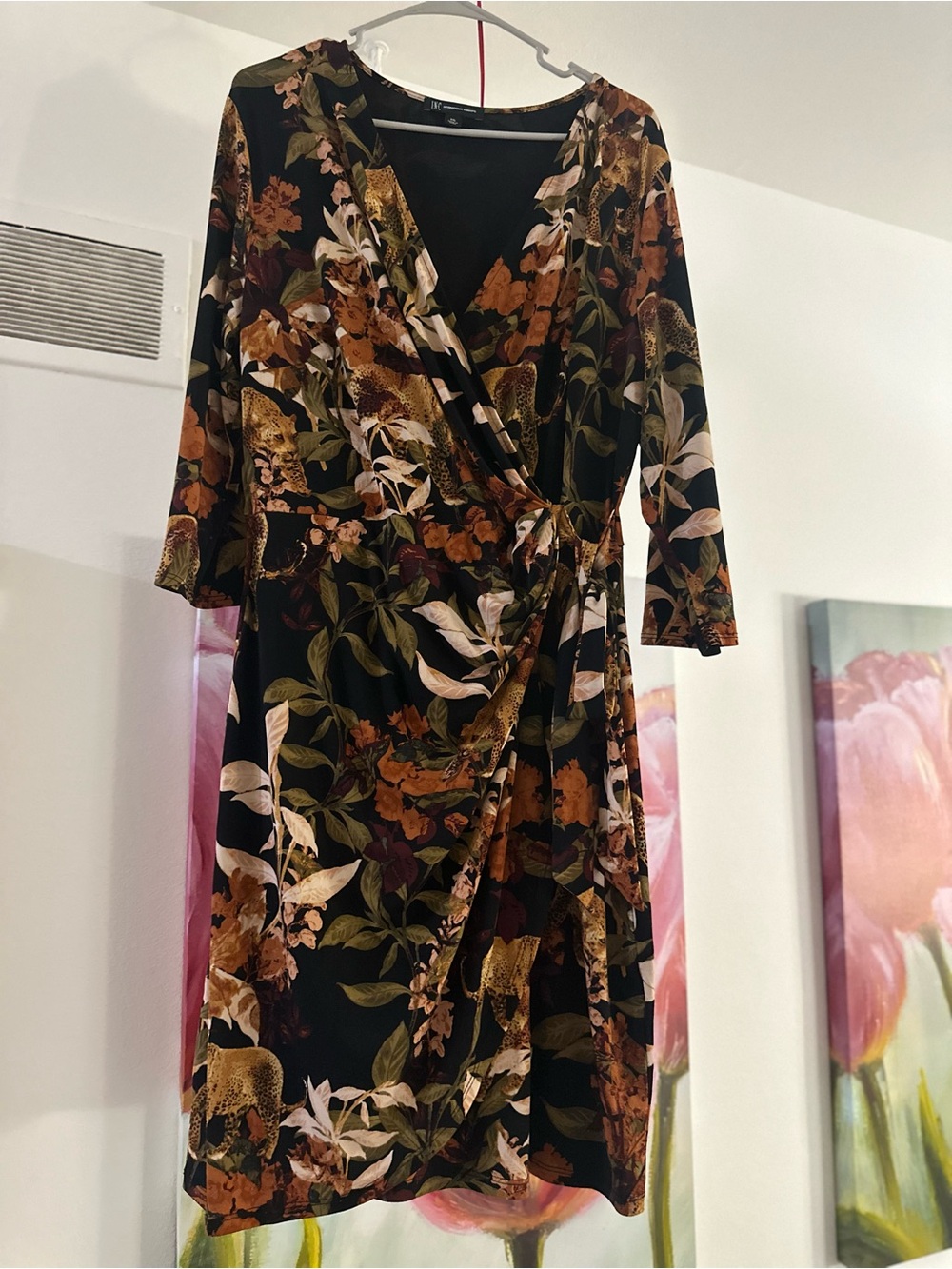INC Floral Wrap Midi Dress in Black and Olive